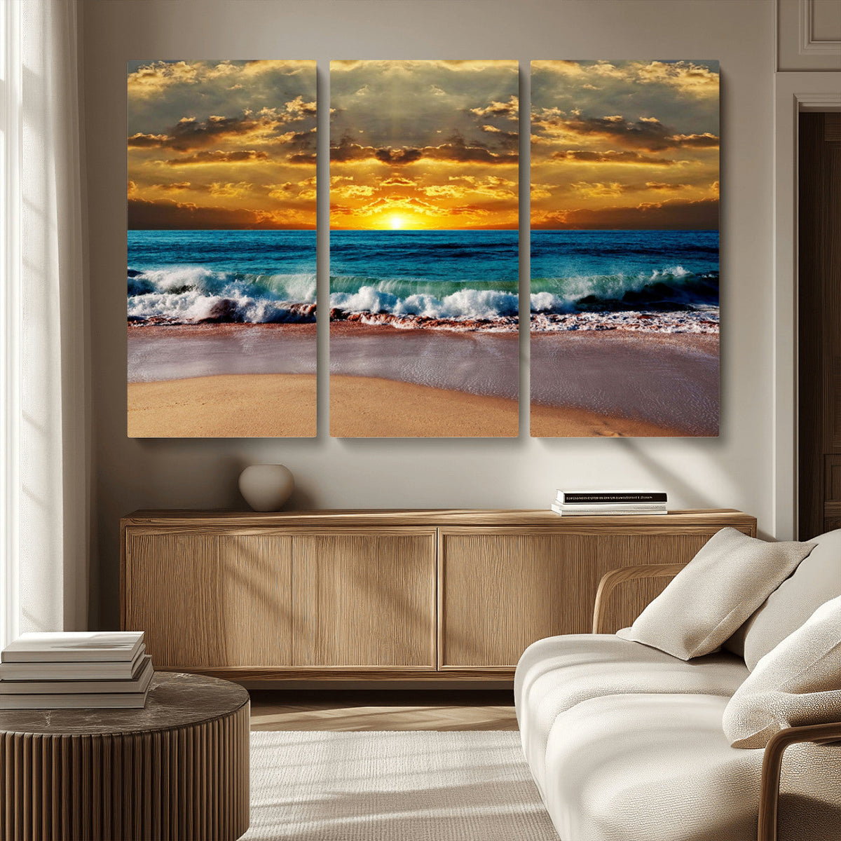 Ocean Sunrise Over Golden Beach Waves, Giclee Canvas Wall