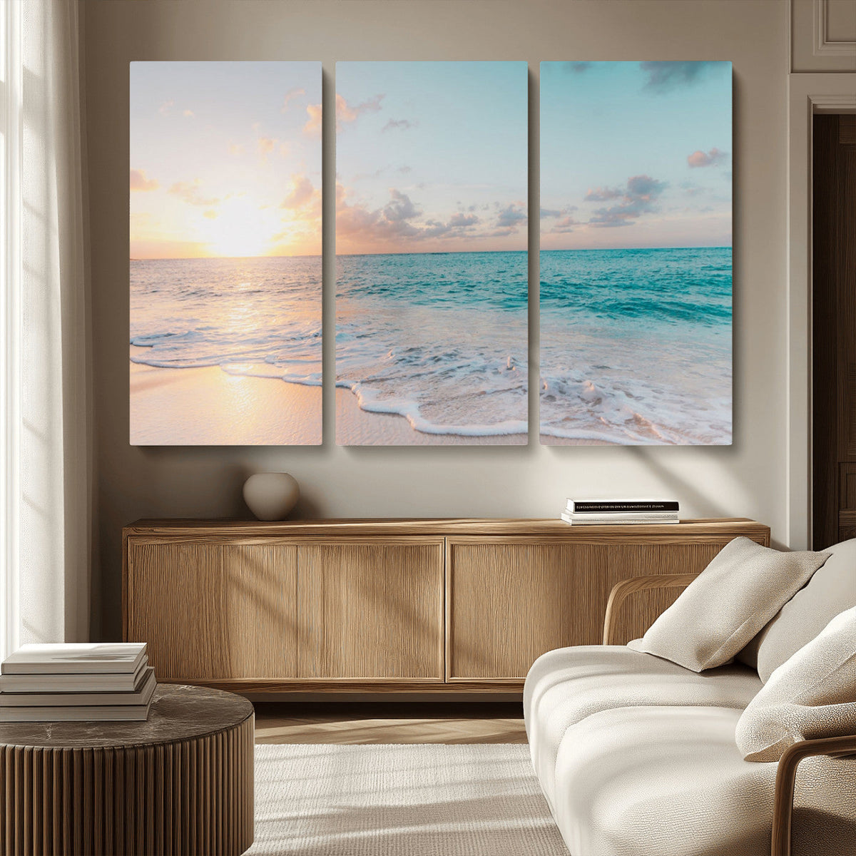 Tranquil Ocean Beach Sunset Canvas Wall Art | 3-Panel