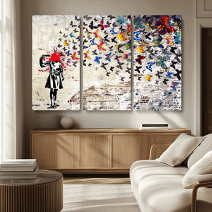 Banksy Art Butterfly Girl Explosion Canvas Art – Vibrant
