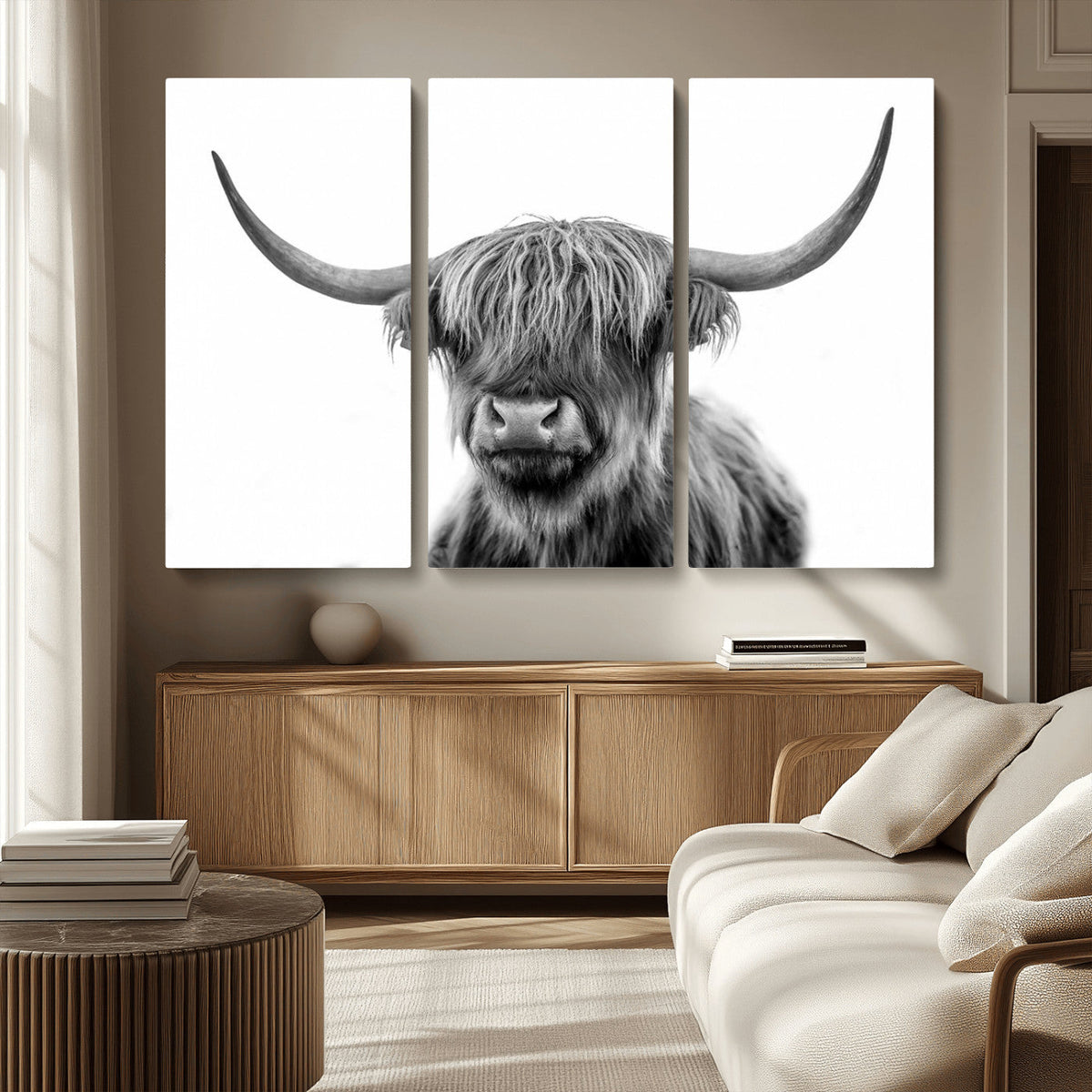 Grayscale Scottish Highland Cow Cattle Art Print Farmhouse