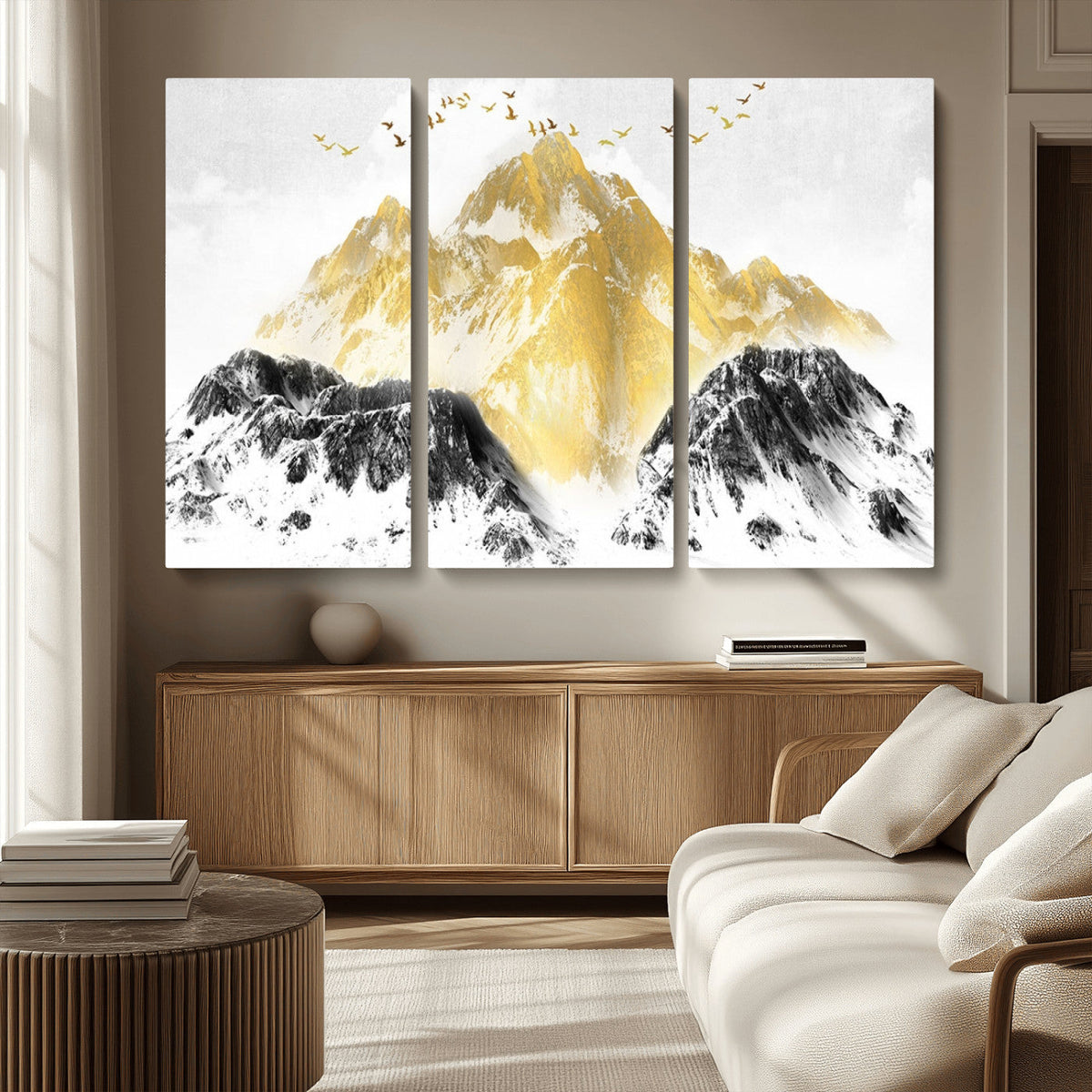 Golden Mountain Triptych Wall Art Canvas Print, Modern