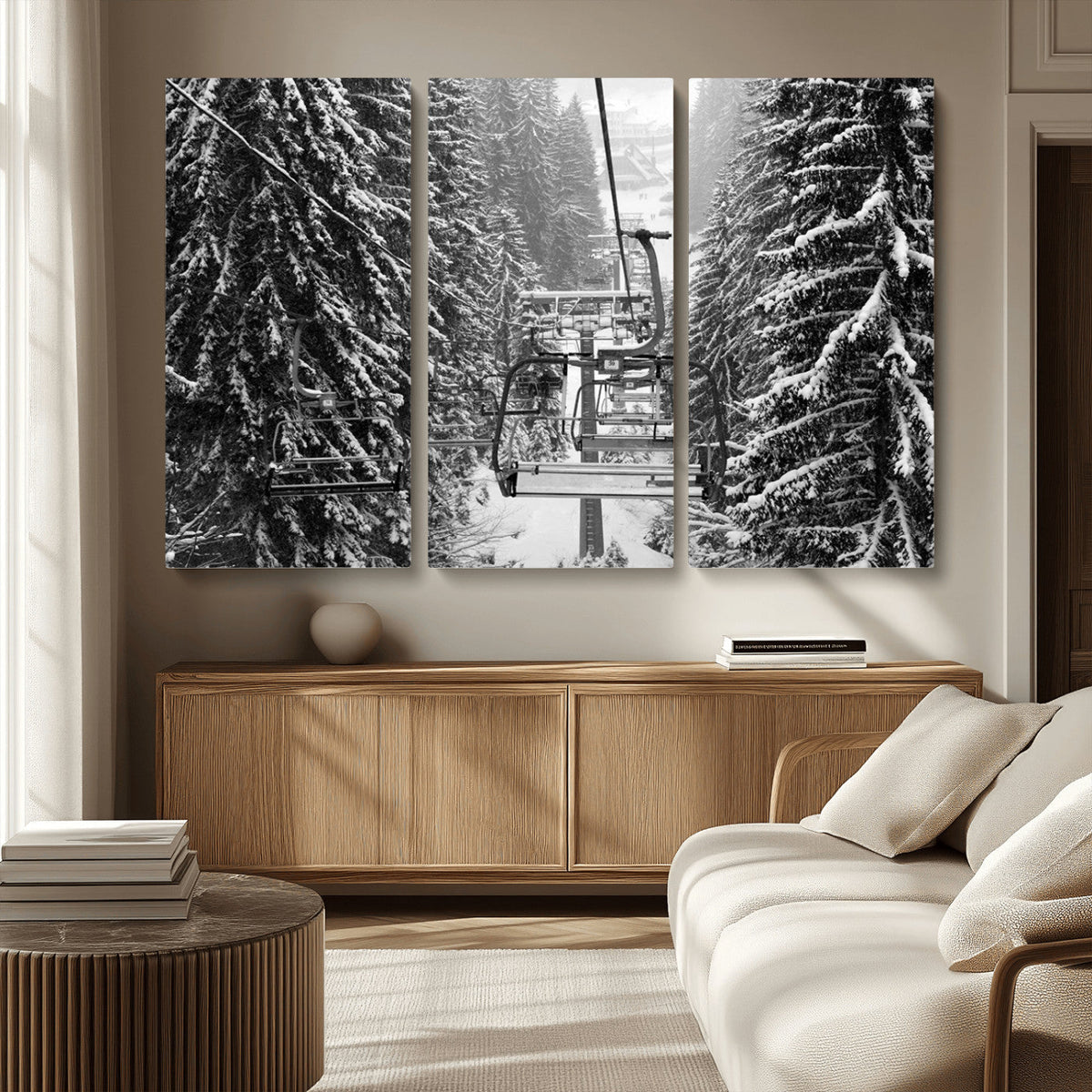 Winter Ski Lift Black and White Canvas Wall Art – Alpine