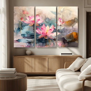 Lotus Flower Wall Art | 3-Panel Giclee Canvas Print of Pink