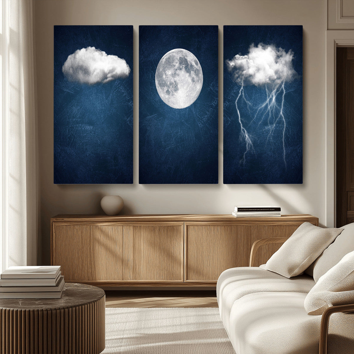 Dark Blue Cloud Art, 3 Piece Indigo Blue Wall Art, Aesthetic