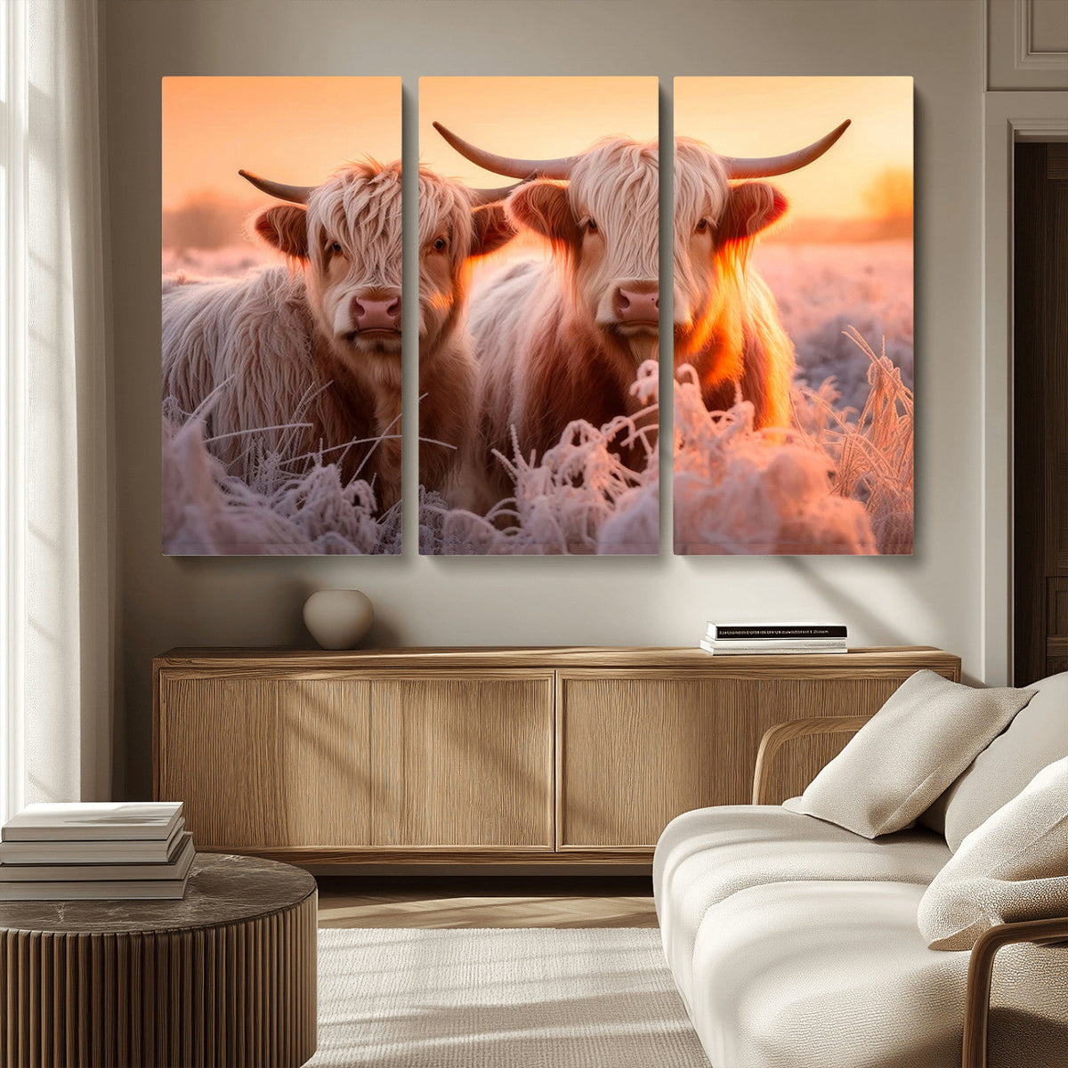 Highland Cows at Sunrise Wall Art Canvas Set – Serene and