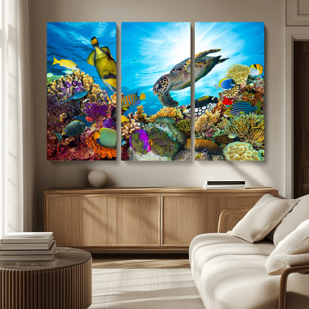 Colorful Coral Reef and Sea Life Turtle Canvas Print,
