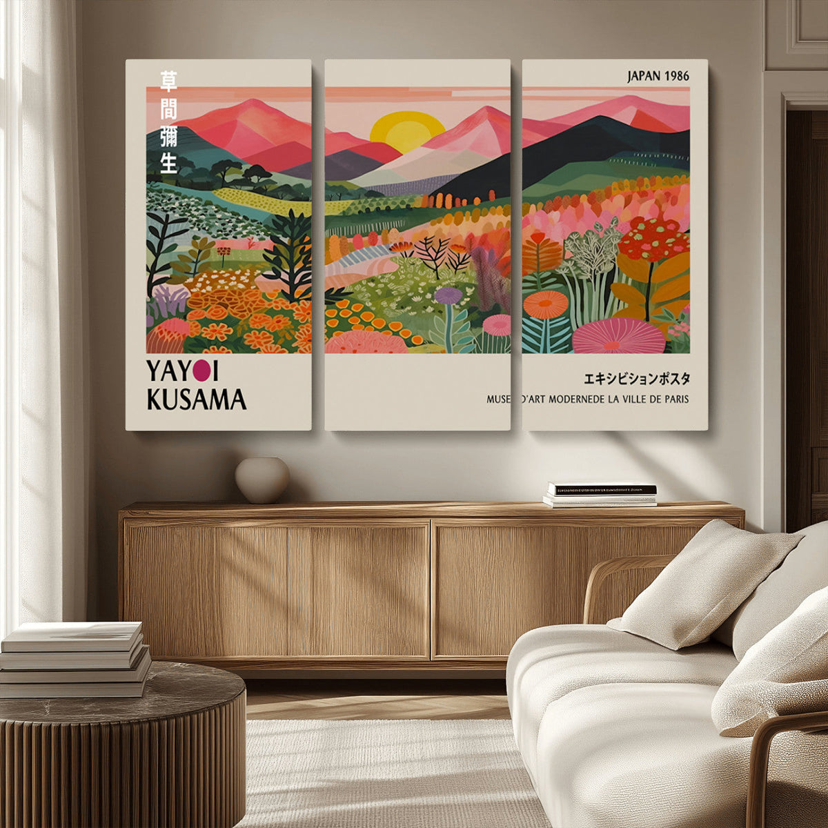 Yayoi Kusama Landscape Canvas Print, Vibrant Floral Mountain Art Print, Framed Botanical Wall Art -