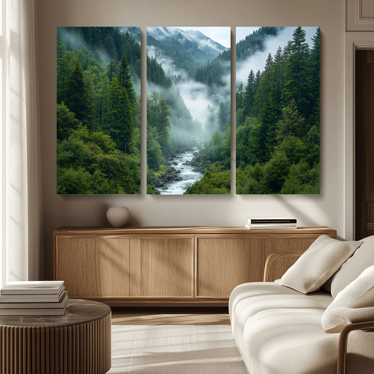 Mountain Forest River Canvas Wall Art Print - Serene Nature