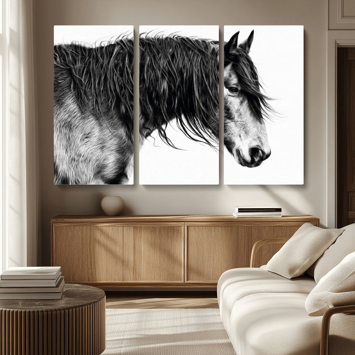 Majestic Horse Wall Art – Framed Black White Portrait Canvas