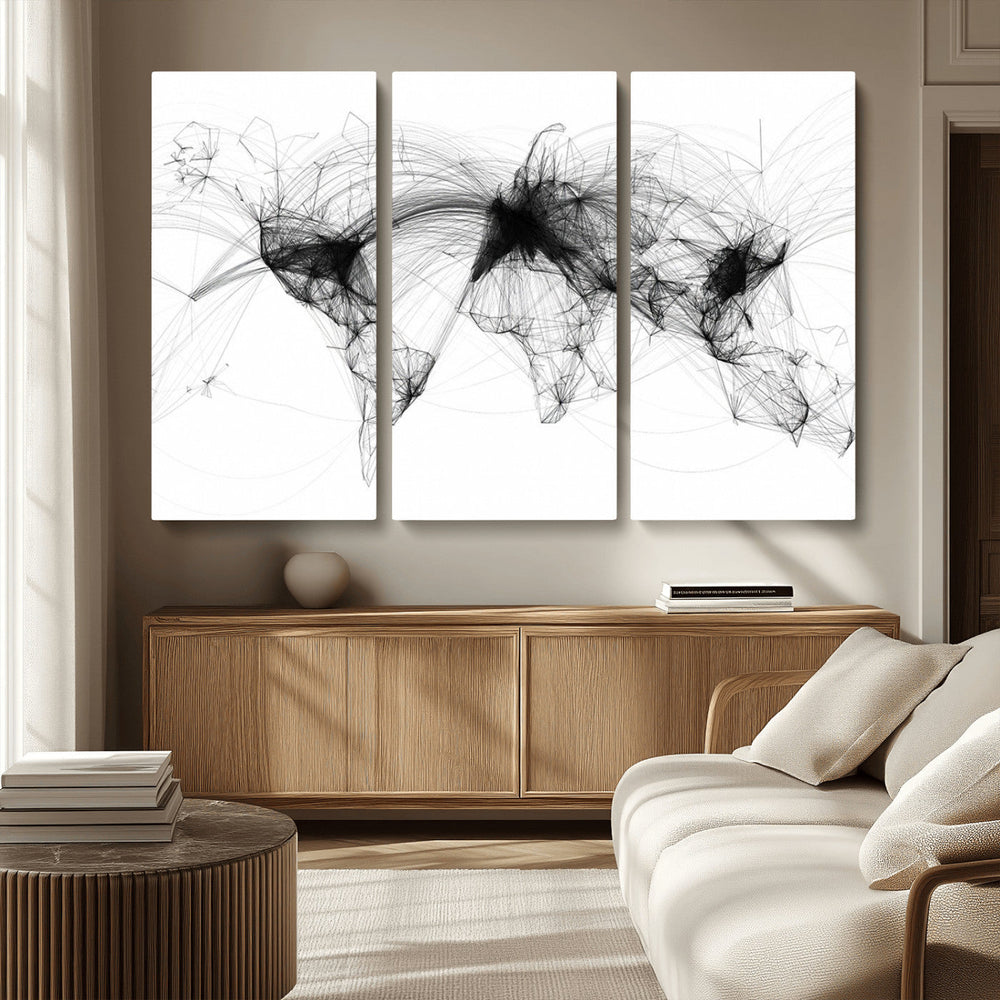 Abstract World Map Wall Art – Framed Geometric Line Canvas