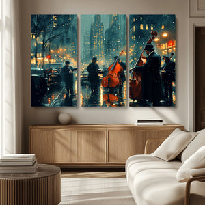 Urban Night Jazz Wall Art Canvas Print – Moody Rain-Soaked