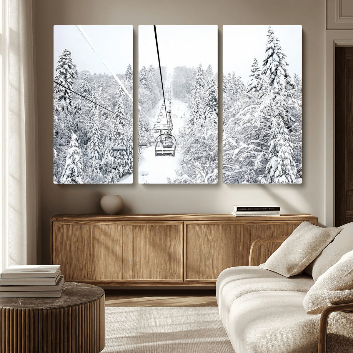 Snowy Ski Lift Wall Art – Framed Winter Mountain Canvas