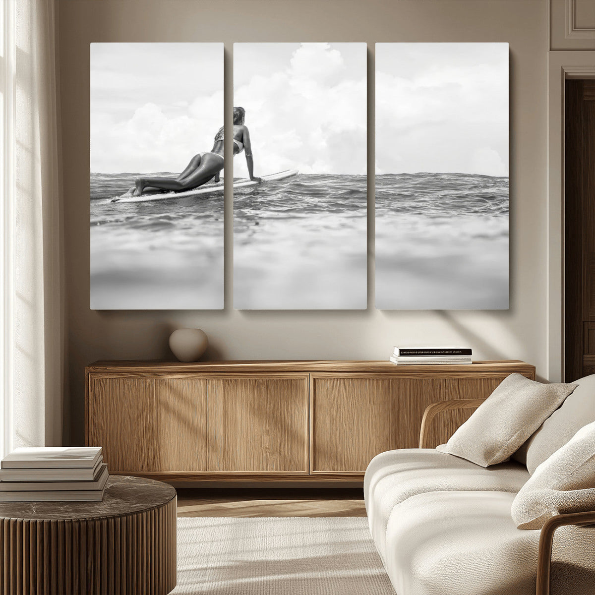 Black and White Surfing Wall Art Canvas Print – Framed Ocean