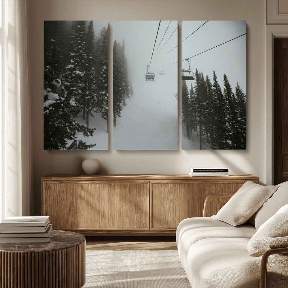 Ski Lift Wall Art Canvas Print – Snowy Pines Misty Landscape