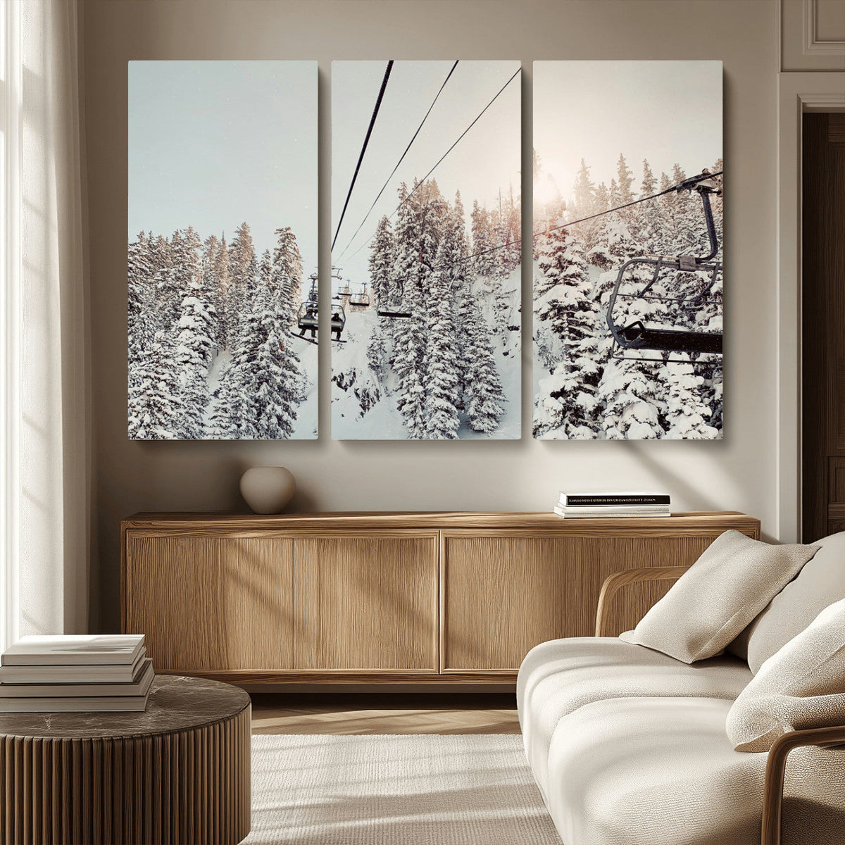 Frosty Pines Wall Art Canvas Print – Framed Cozy Cabin Ski
