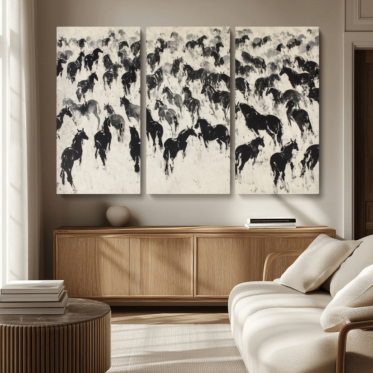 Wild Horse Stampede Wall Art Canvas Print – Monochrome
