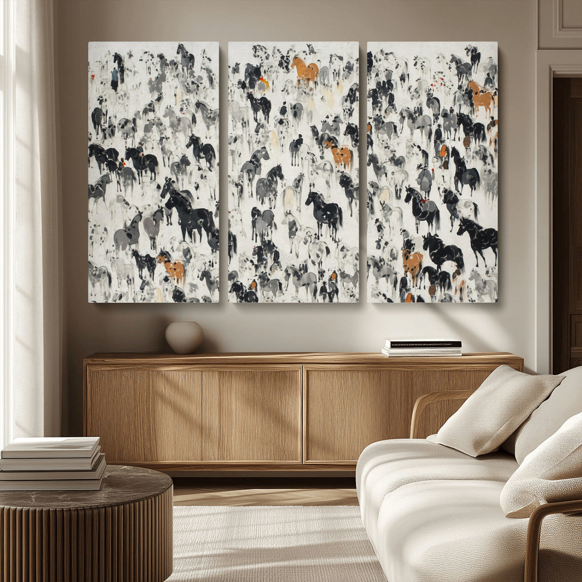 Wild Horse Stampede Wall Art Canvas Print – Monochrome