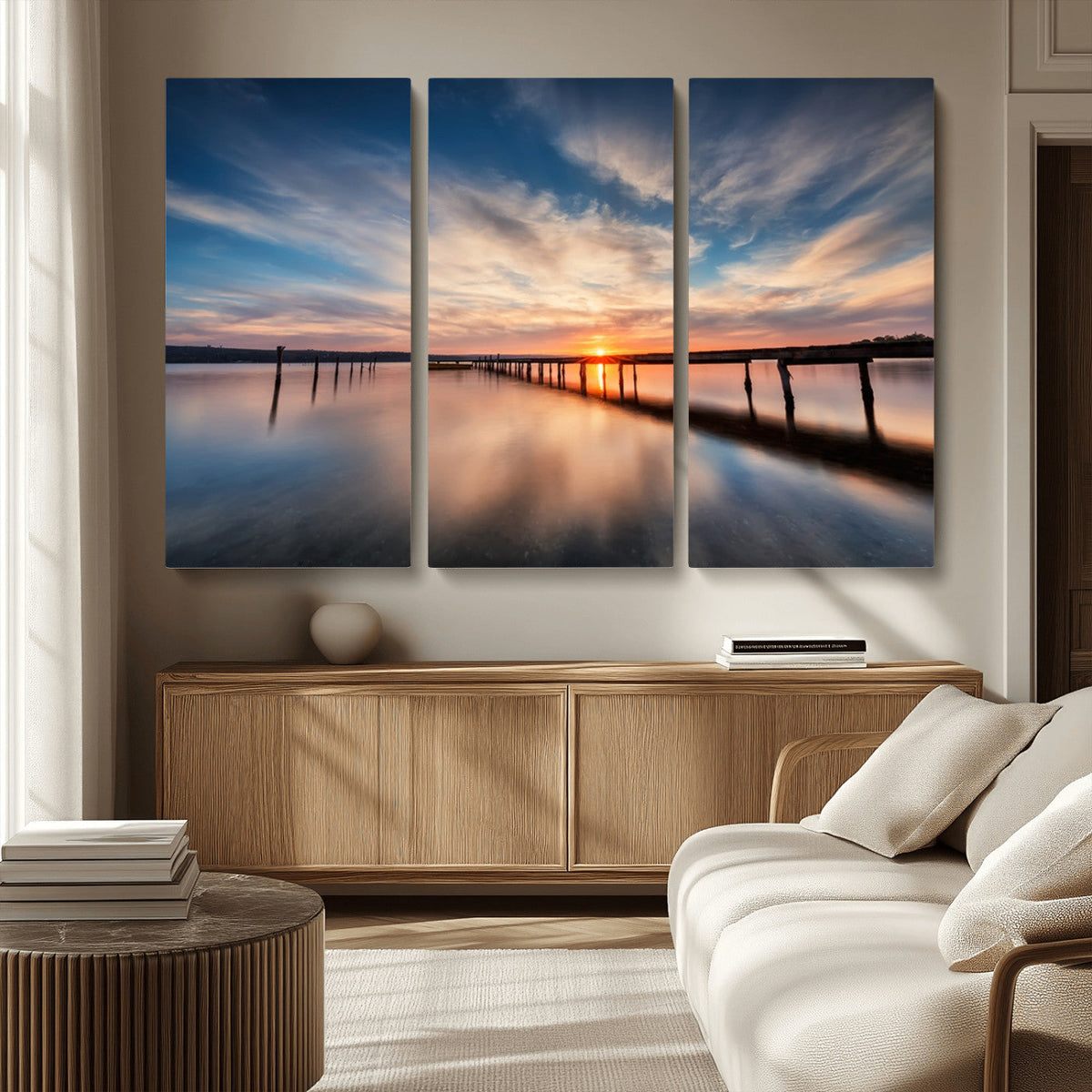 Wooden Pier on Seascape and Sunset Wall Art Canvas Print