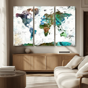 Modern Watercolor World Map Canvas Wall Art – Framed