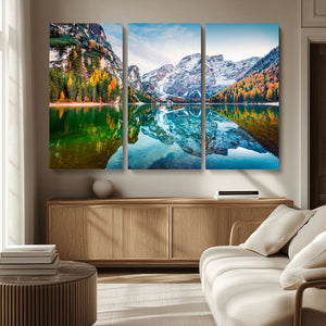 Spectacular autumn view of Braies Lake Wall Art Canvas Print