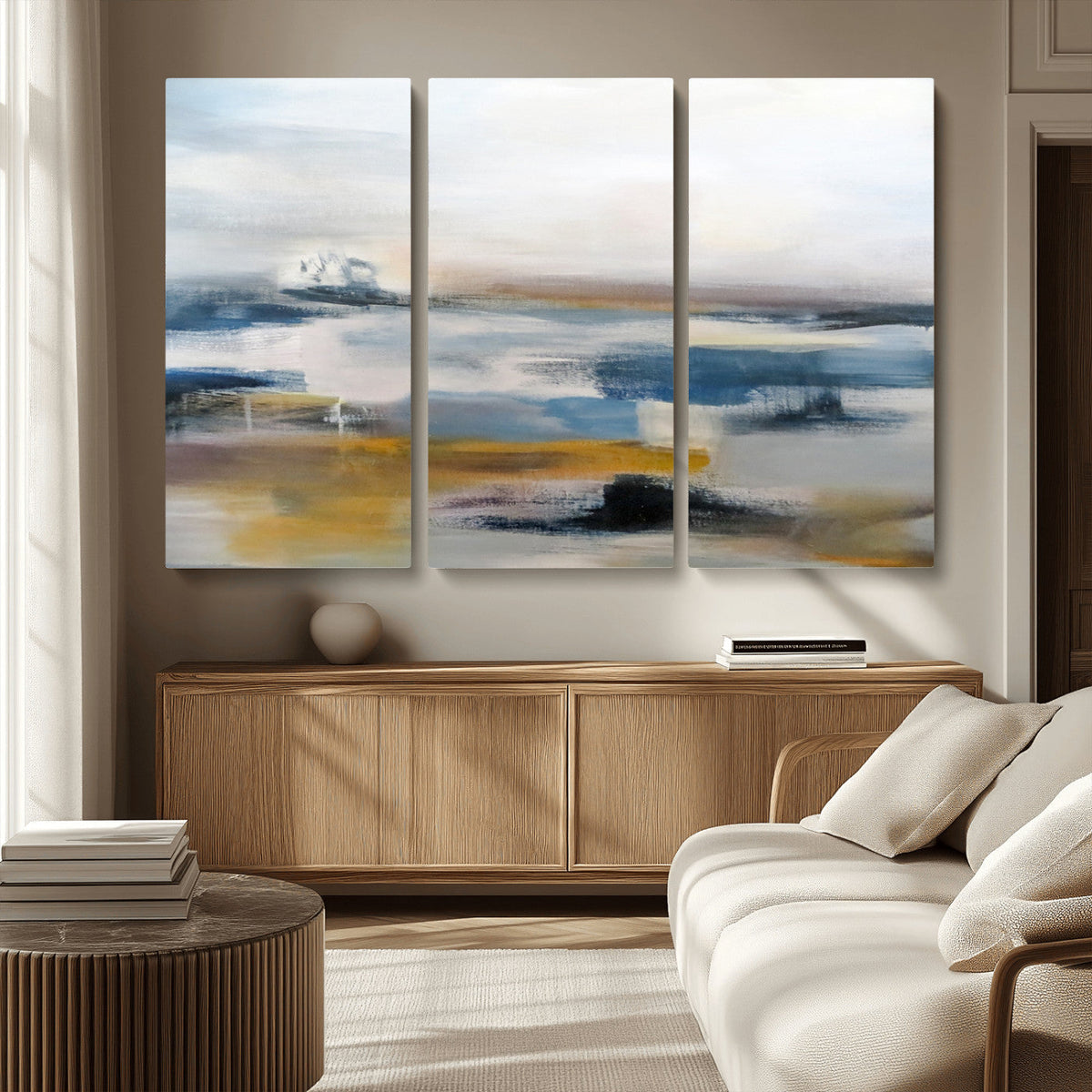 Abstract Landscape Wall Art Canvas | 3 Panel Modern Blue,