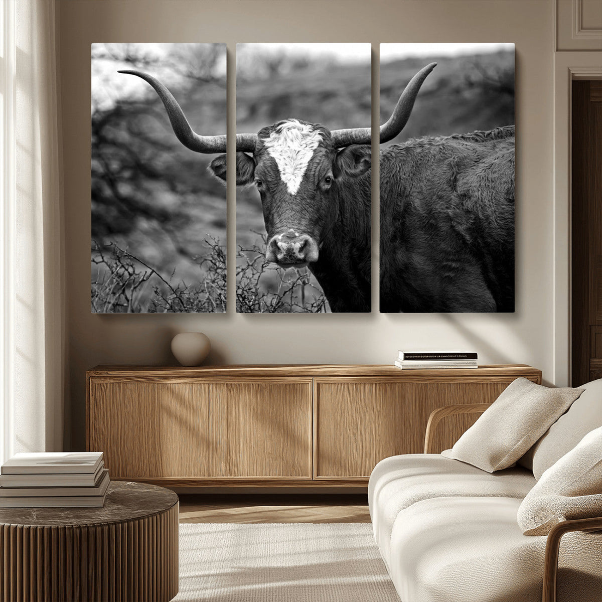 Western Home Wall Art Canvas Print, Framed Texas Longhorn