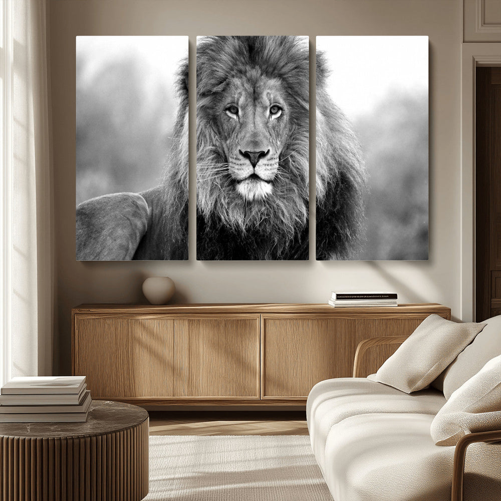 Black and White Lion Canvas Wall Art – Animal Print Artwork