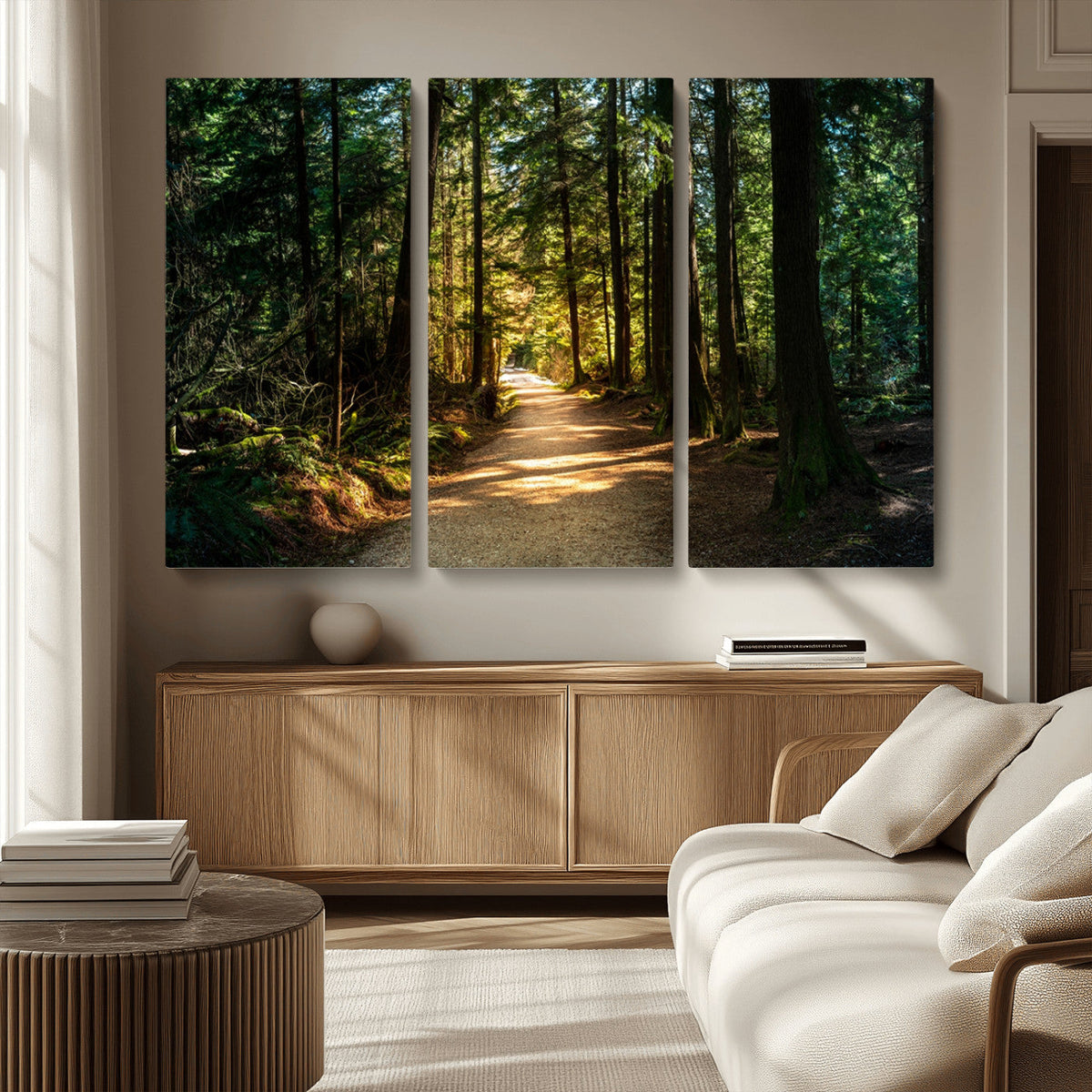 Sunlit Forest Pathway Canvas Print | 3 Panel Large Nature