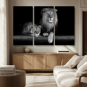 Large Black and White Lion Couple Wall Art Canvas Print –