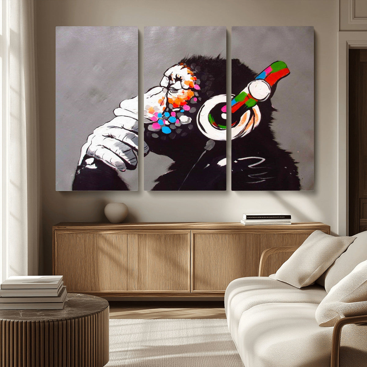 Dj Monkey Listening to Music Wall Art Print | Banksy Monkey