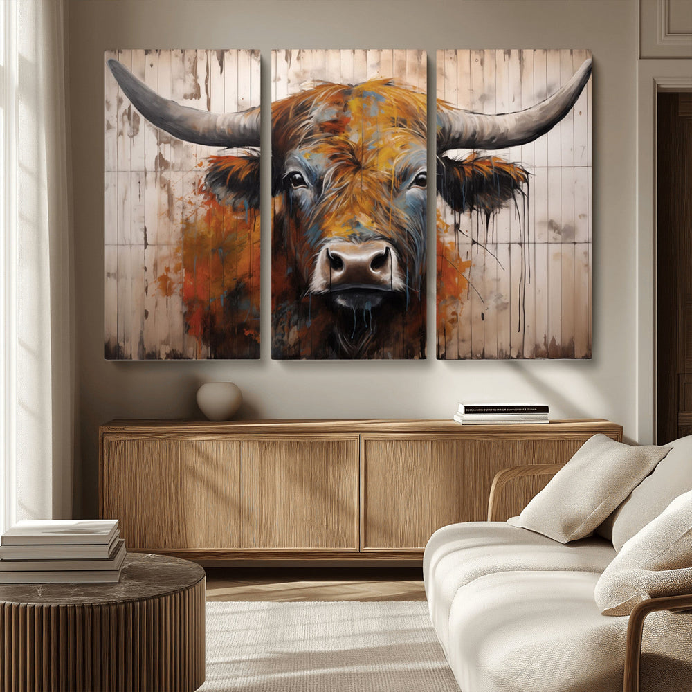 Abstract Bull Highland Cow Canvas Wall Art Print – Vibrant