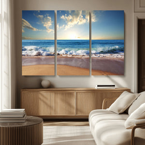 Serene Ocean Sunset Canvas Wall Art - Beach Waves at Sunset,