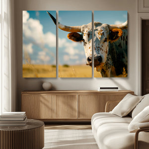Longhorn in the Prairie - Stunning Ranch-Style Triptych Wall