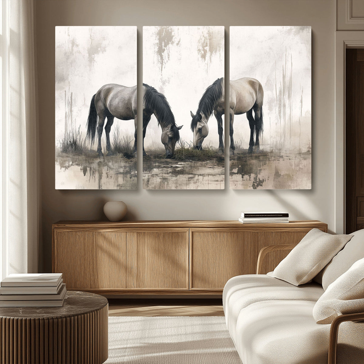 Chines Ink Style Vintage Horses Wall Art Canvas Print for