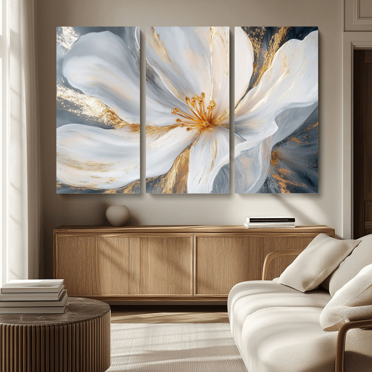 White and Gold Floral Canvas Wall Art - Framed and Ready to