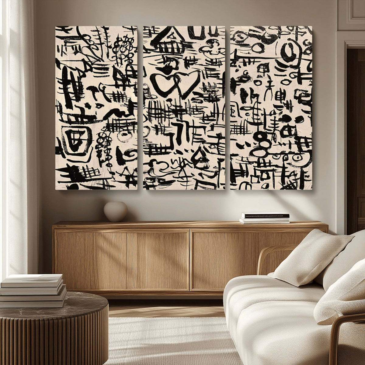 Abstract Love and Chaos Canvas Print, Black Symbols on Beige