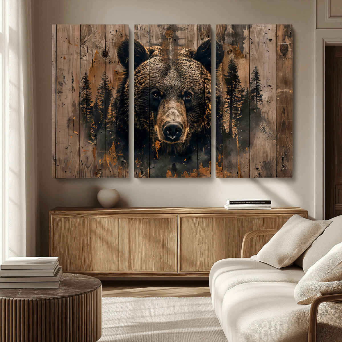 Rustic Grizzly 399 Wall Art | Triptych Canvas Print | Rustic