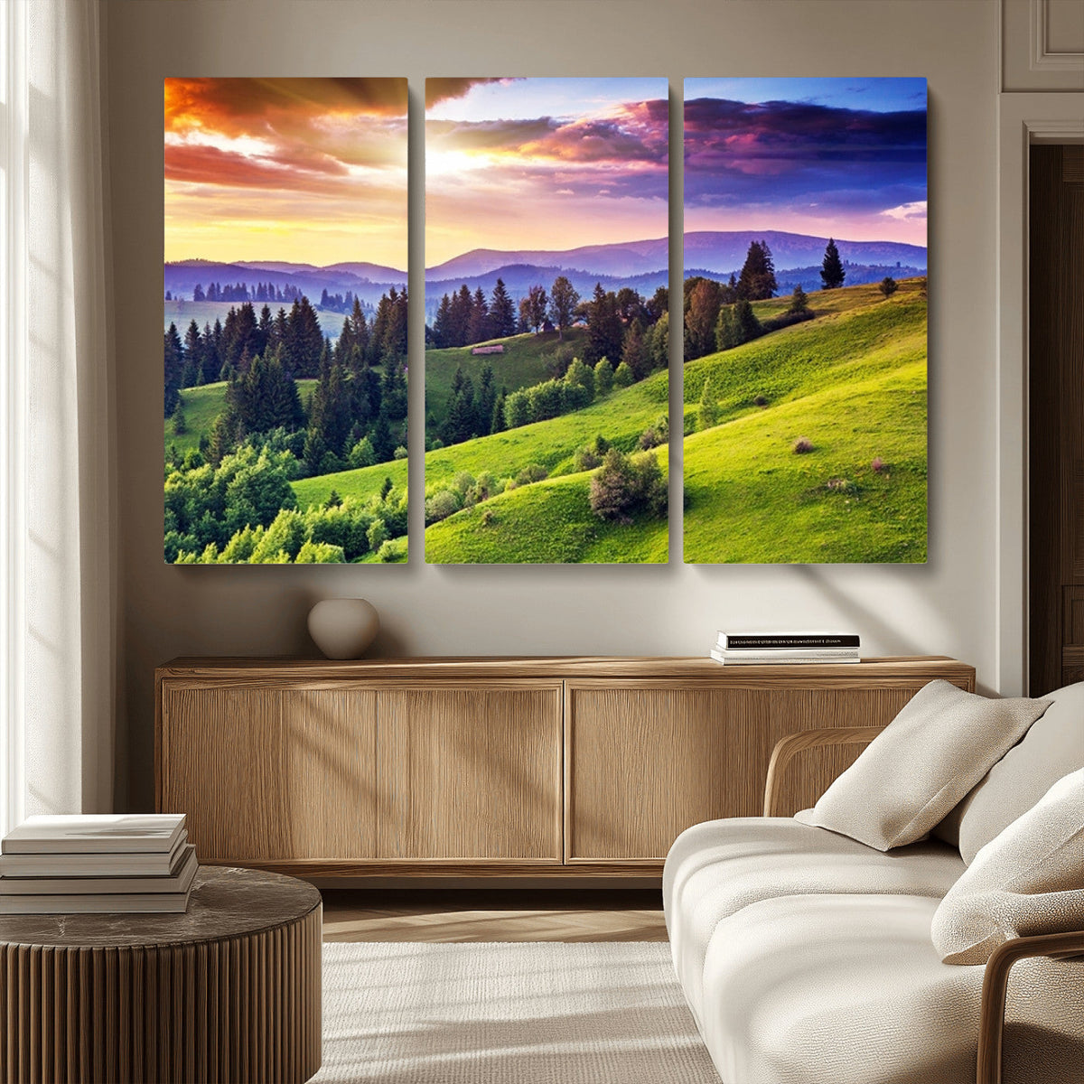Green Hills and Sunset Wall Art Print - Scenic Landscape