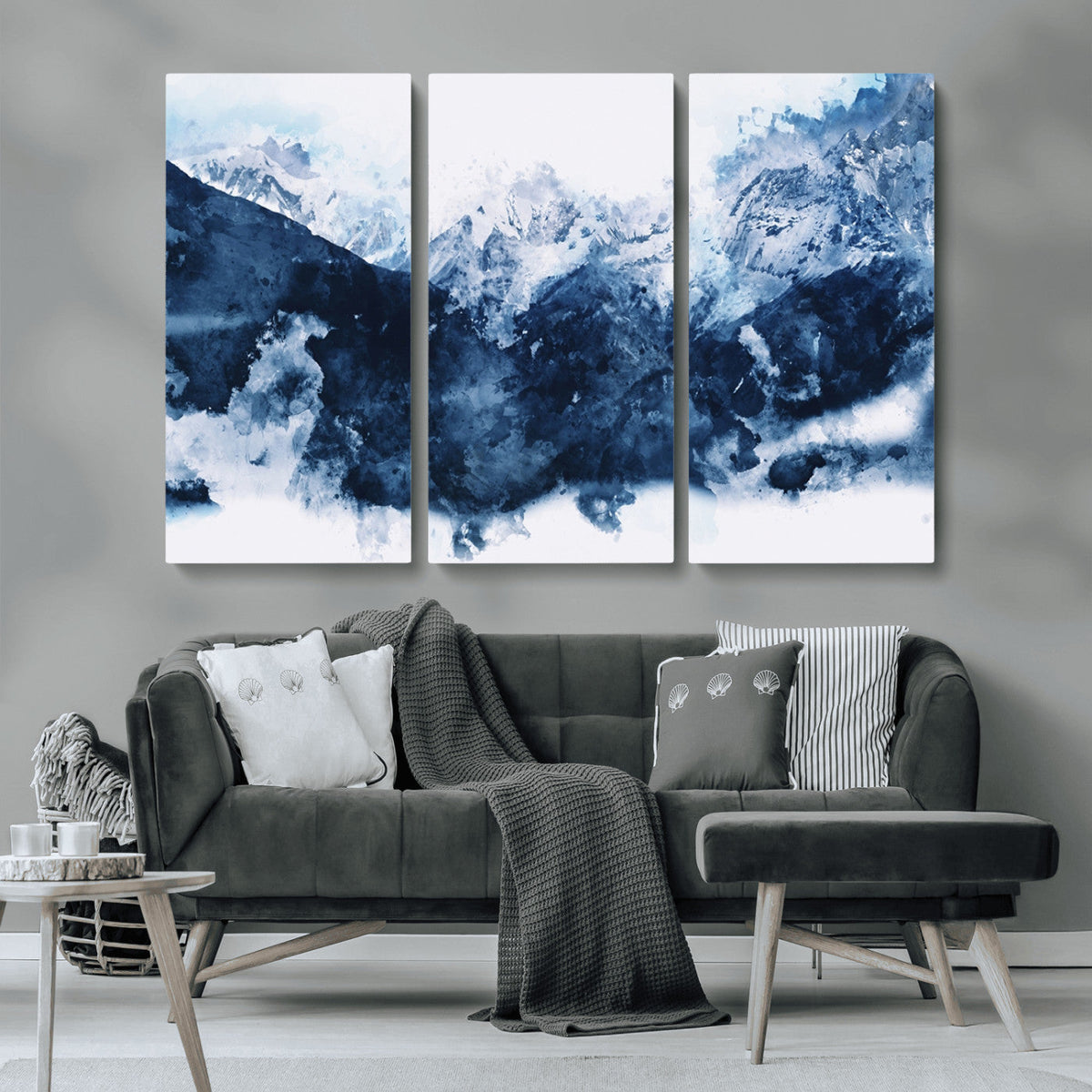 Abstract Blue Mountain Canvas Wall Art – Modern Triptych