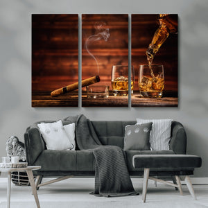 Whiskey and Cigar Wall Art Canvas | 3 Panel Bar Room Decor