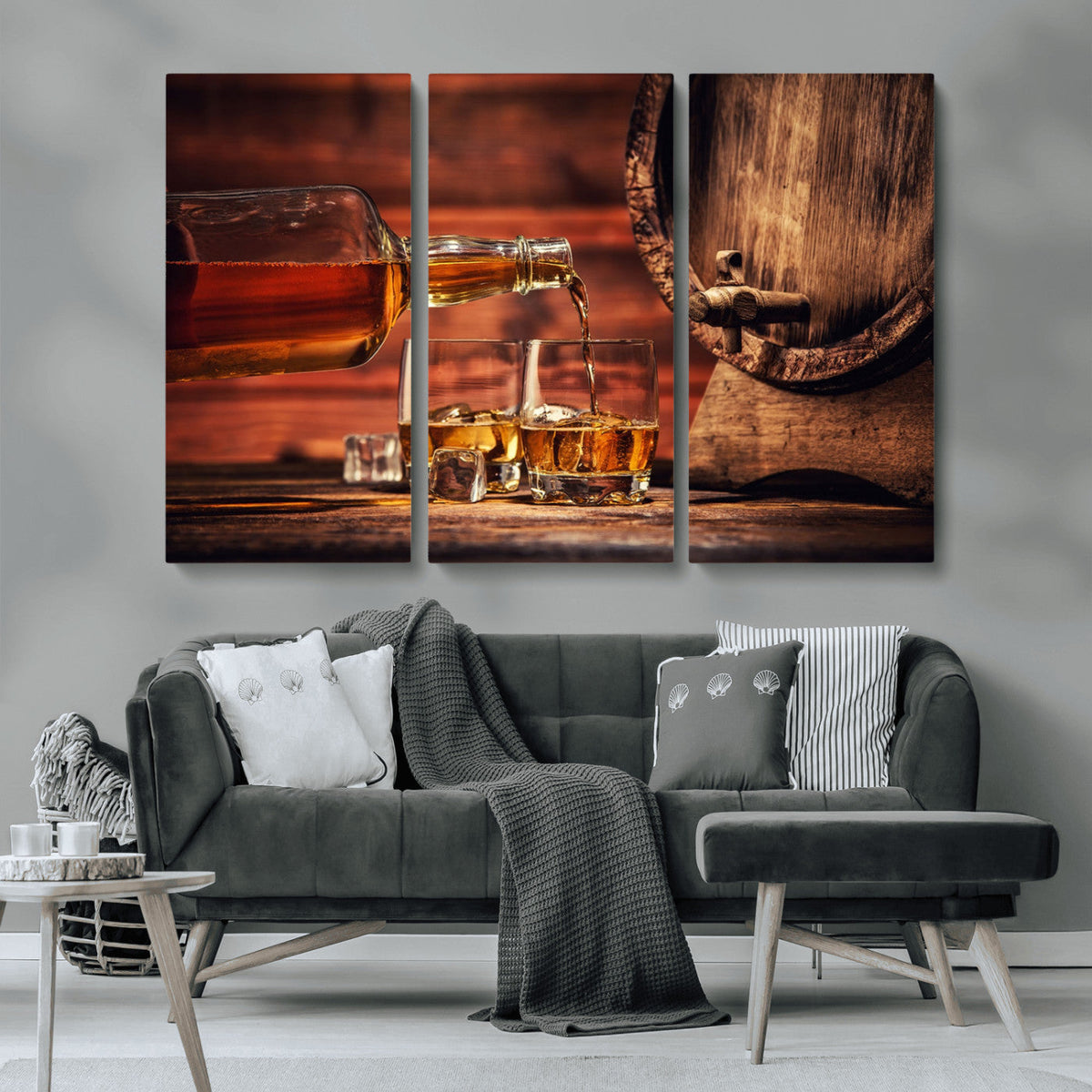 Whiskey and Cigar Canvas Wall Art | 3 Panel Bar Room Decor