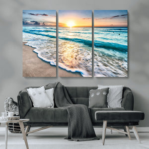 Sunset Beach Waves Canvas Wall Art – 5-Panel Ocean Sunset