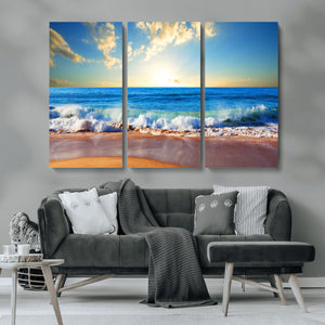 Tropical Beach Sunset Canvas Art, Ocean Waves and Sandy