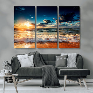 Golden Hour Sunset Over Ocean Waves Wall Art Canvas Print |