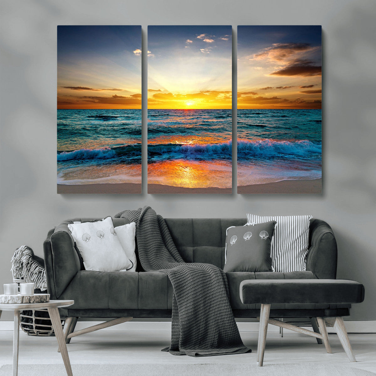 Vibrant Ocean Sunrise Over Golden Beach Waves, Giclee Canvas
