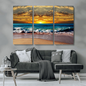 Ocean Sunrise Over Golden Beach Waves, Giclee Canvas Wall