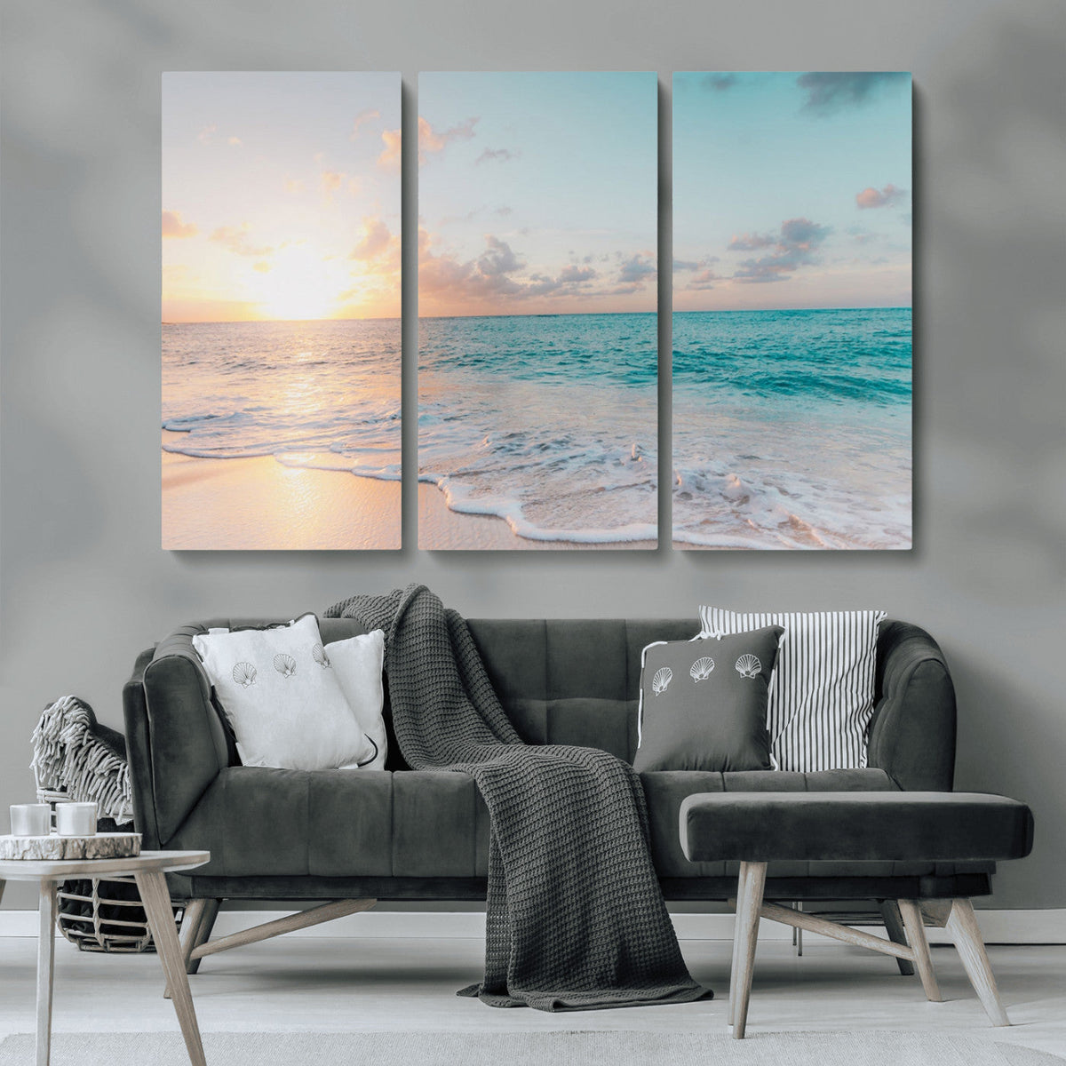 Tranquil Ocean Beach Sunset Canvas Wall Art | 3-Panel