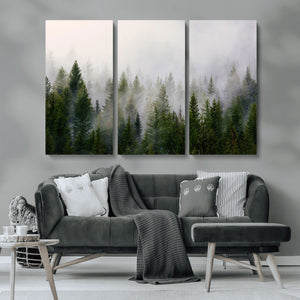 Misty Pine Forest Wall Art Canvas Print | 3 Panel Green