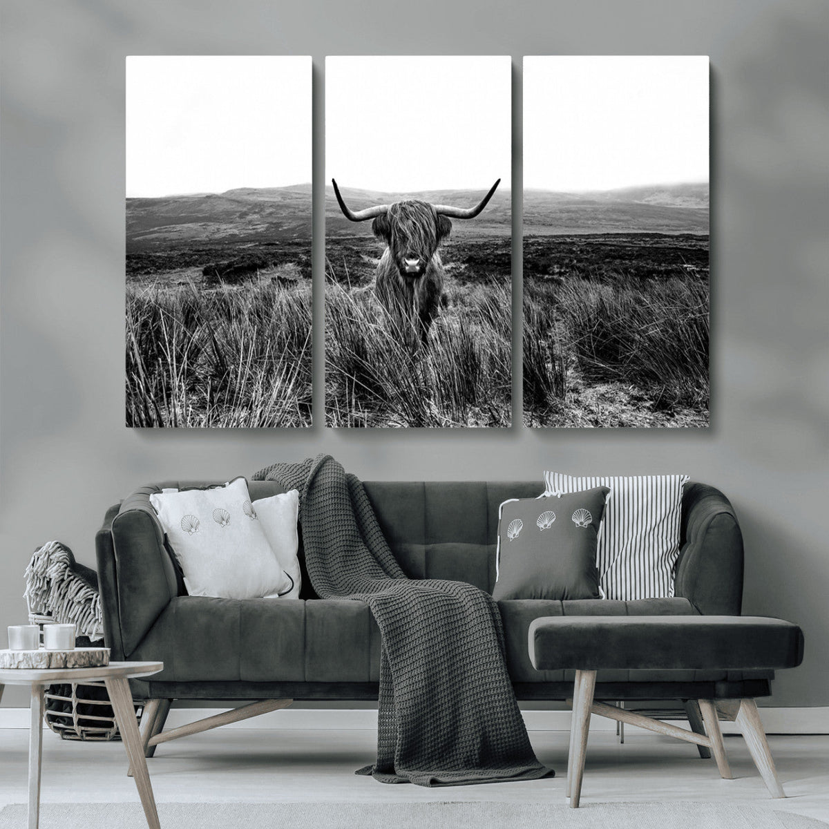 Black and White Highland Cow Canvas Wall Art, Longhorn