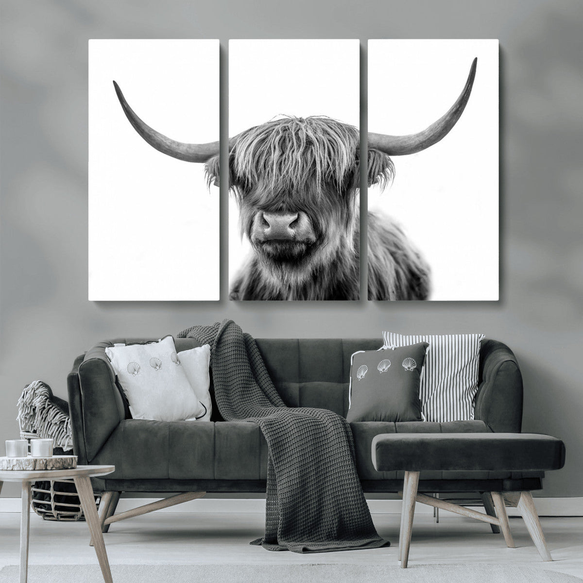 Grayscale Scottish Highland Cow Cattle Art Print Farmhouse